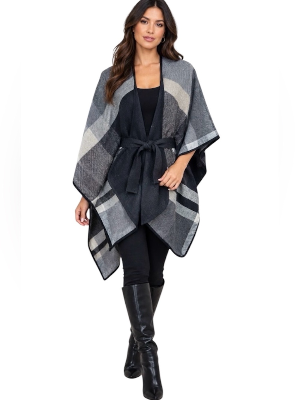 AKIRA Plaid Belted Poncho Wrap